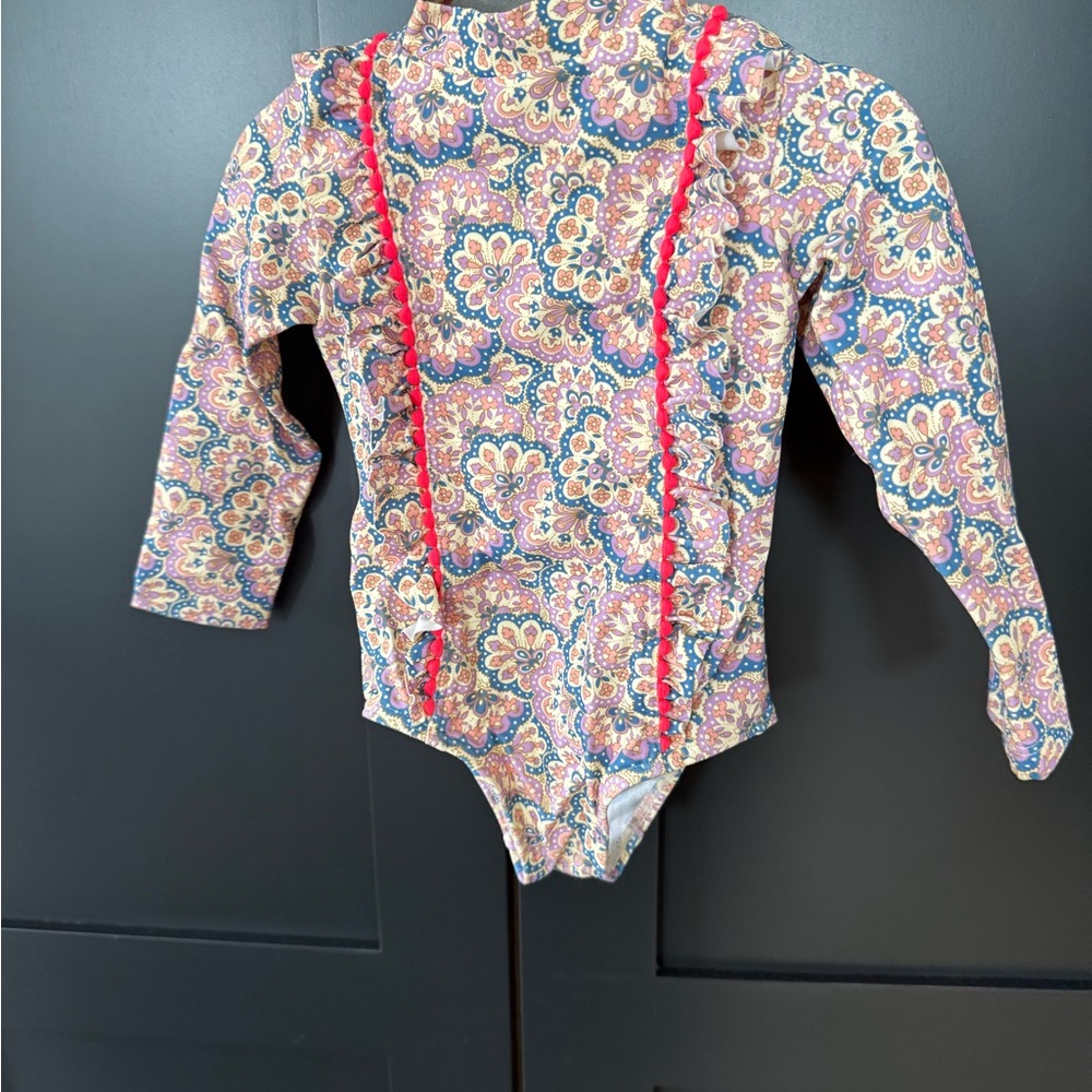 Floral Long Sleeveed rash guard swimsuit floral with neon pink accents